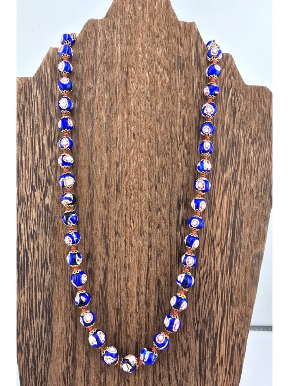Vintage Cobalt Blue Millefiori Glass Bead Necklace 22" Hand Knotted Floral - Picture 4 of 7